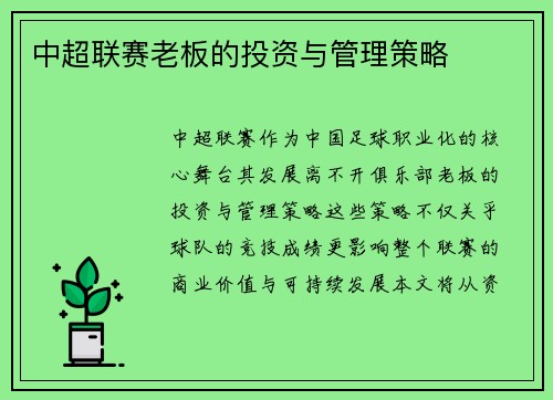 中超联赛老板的投资与管理策略